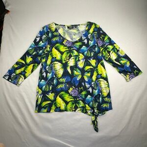Butterfly Print V-Neck‎ 3/4 Sleeve Onque Casual Side Tie Top Green Blue